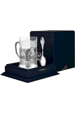 Набор для чая "Георгий Победоносец" гербовый: ложка, стакан, подстаканник с чернением