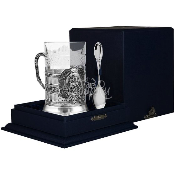 Набор для чая "Георгий Победоносец" гербовый: ложка, стакан, подстаканник с чернением 1024НБ03806